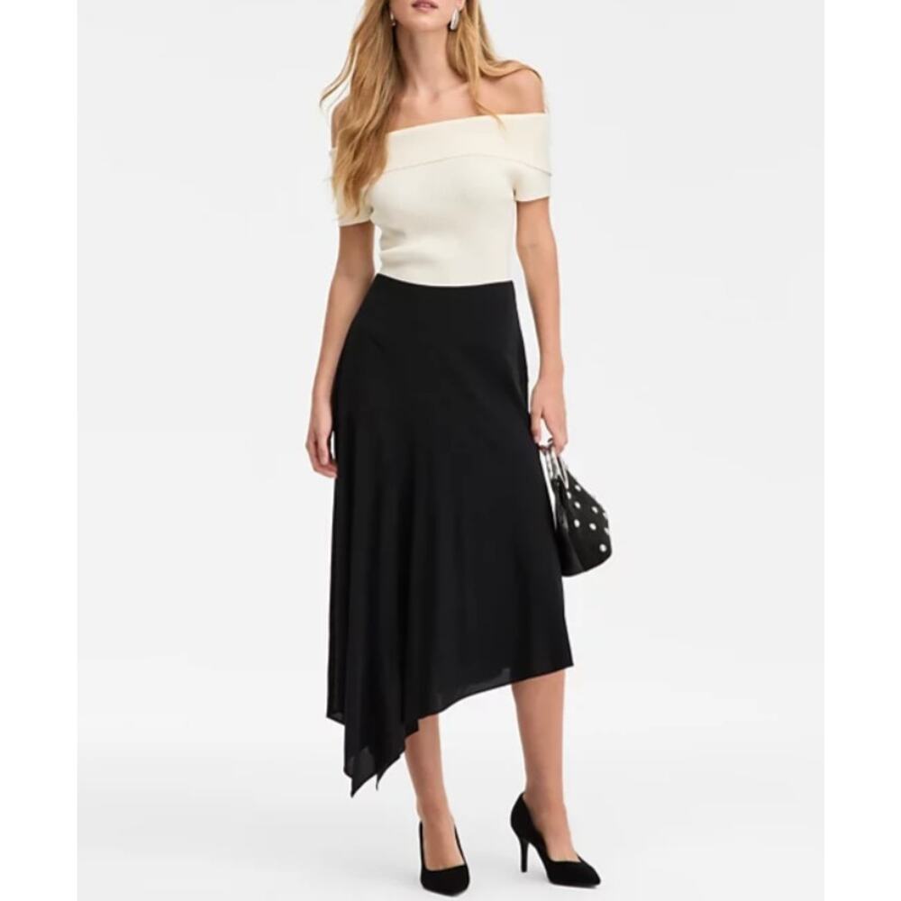 INC International Concepts Women's Printed Asymmetrical Midi Skirt Black Size M